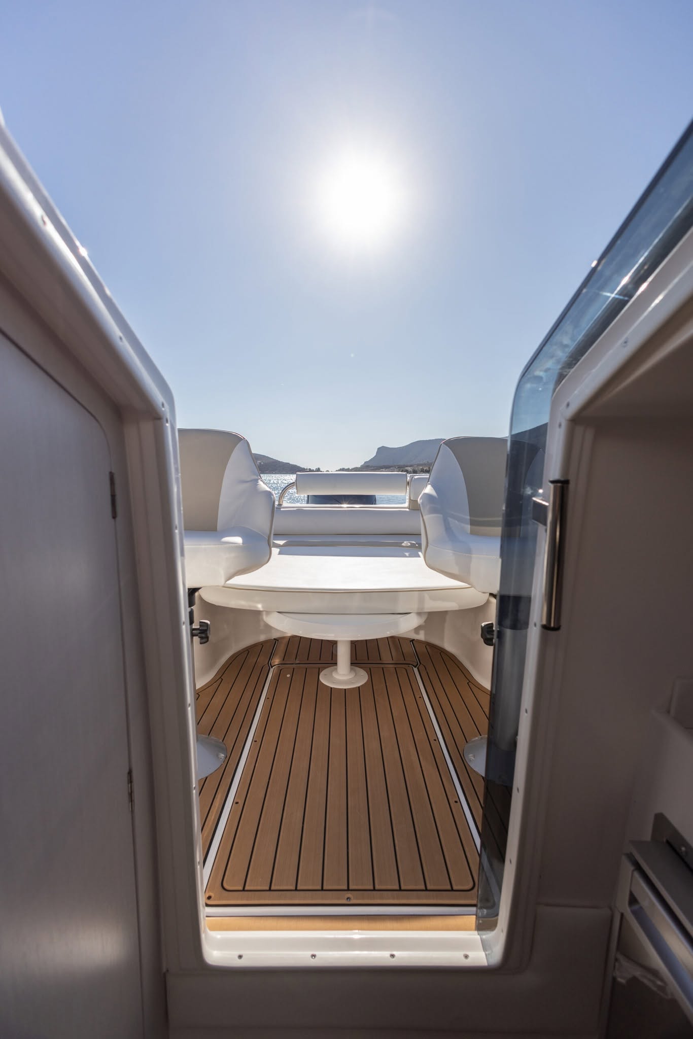 Looking down into the boat's cabin